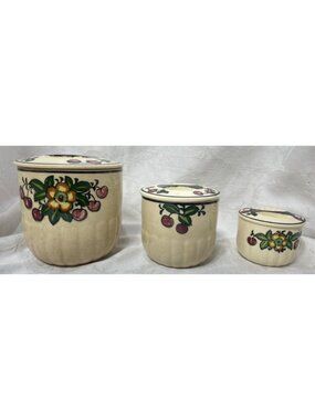 Nesting Ceramic Canisters Handpainted Floral & Cherry Design Set Of 3